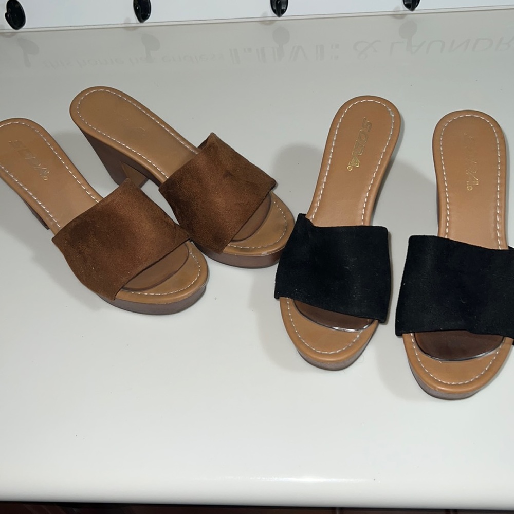 Two pairs of slide on wedge type heals -